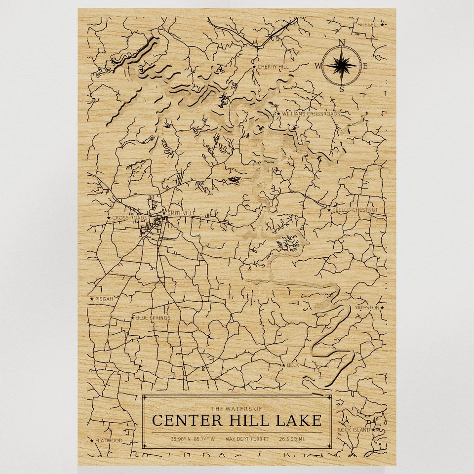 Center Hill Lake 3D wood map, front view