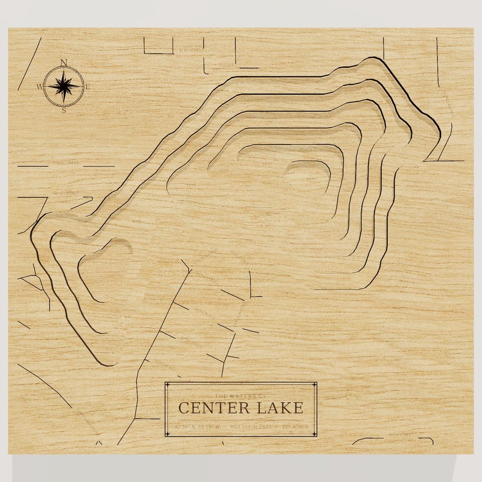Center Lake 3D wood map, front view
