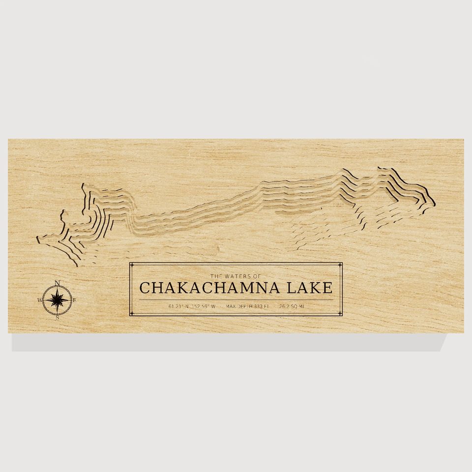 Chakachamna Lake 3D wood map, front view