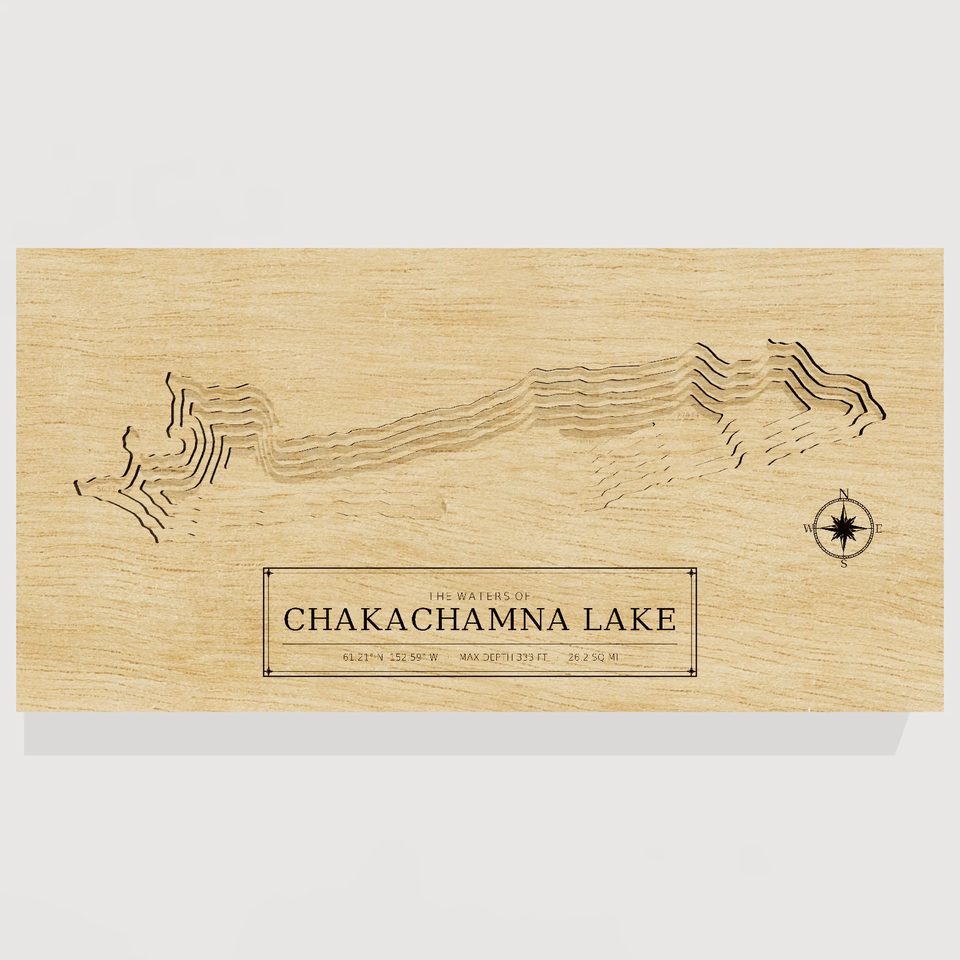 Chakachamna Lake 3D wood map, front view