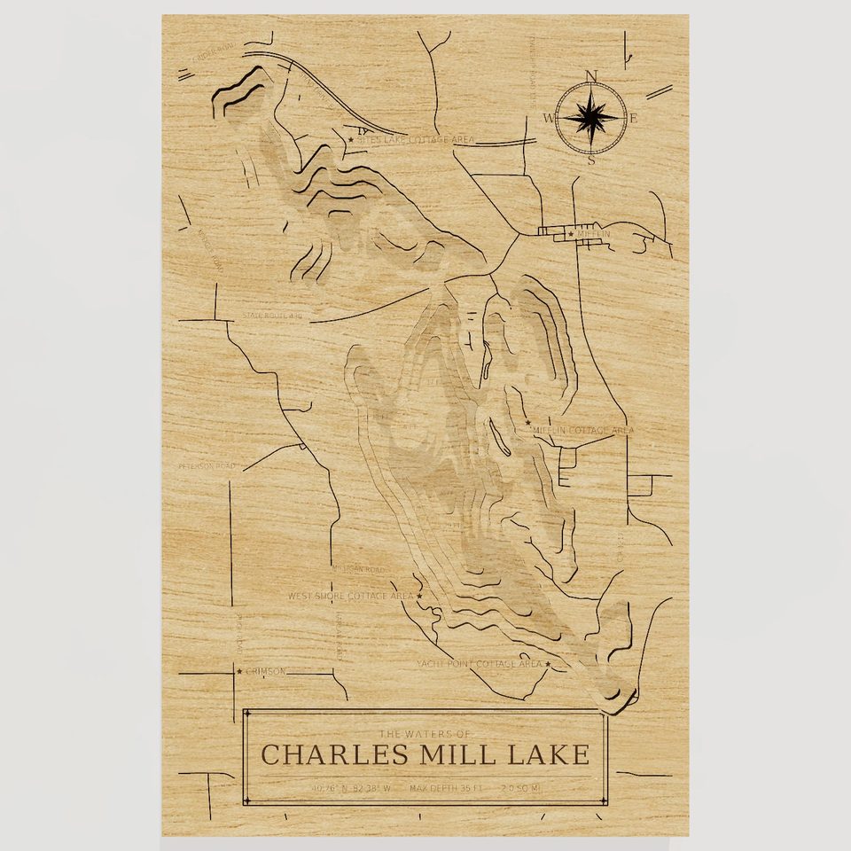 Charles Mill Lake 3D wood map, front view