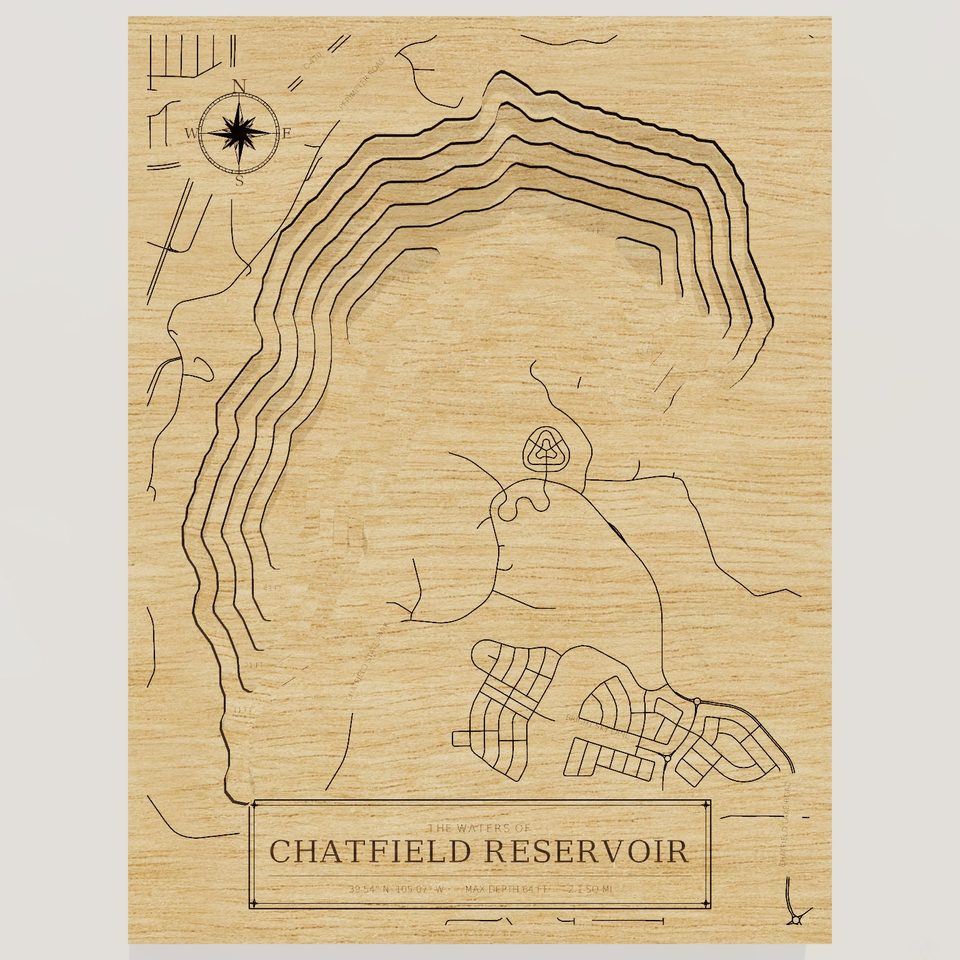 Chatfield Reservoir 3D wood map, front view