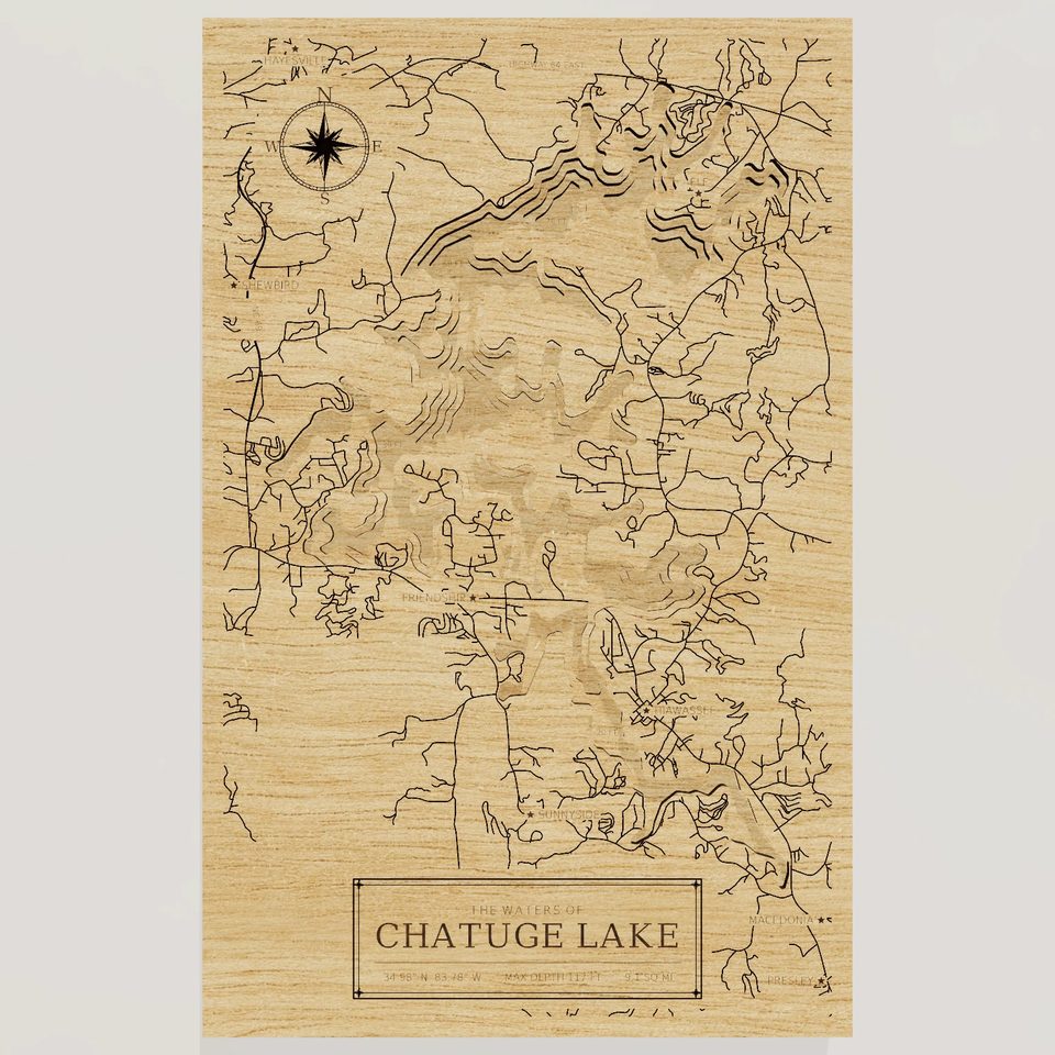Chatuge Lake 3D wood map, front view