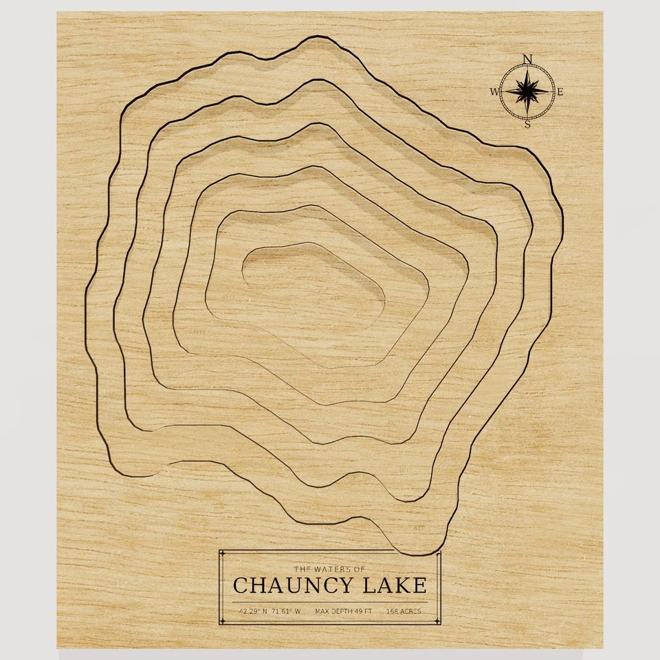 Chauncy Lake 3D wood map, front view