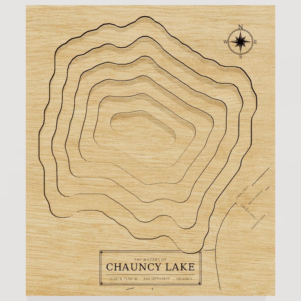 Chauncy Lake 3D wood map, front view