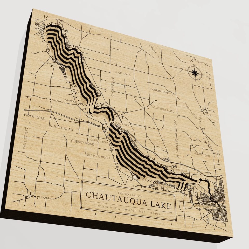 Chautauqua Lake 3D wood map, angle low view