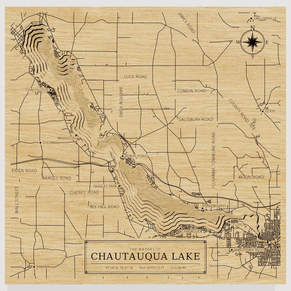 Chautauqua Lake 3D wood map, front view