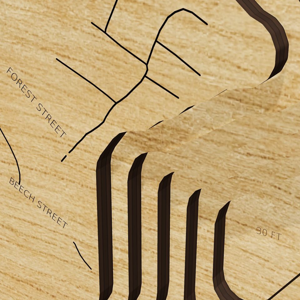 Chebacco Lake 3D wood map, detail view