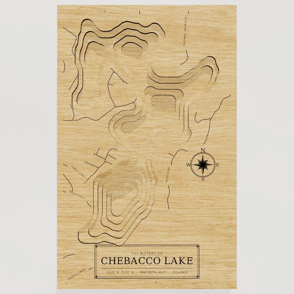 Chebacco Lake 3D wood map, front view