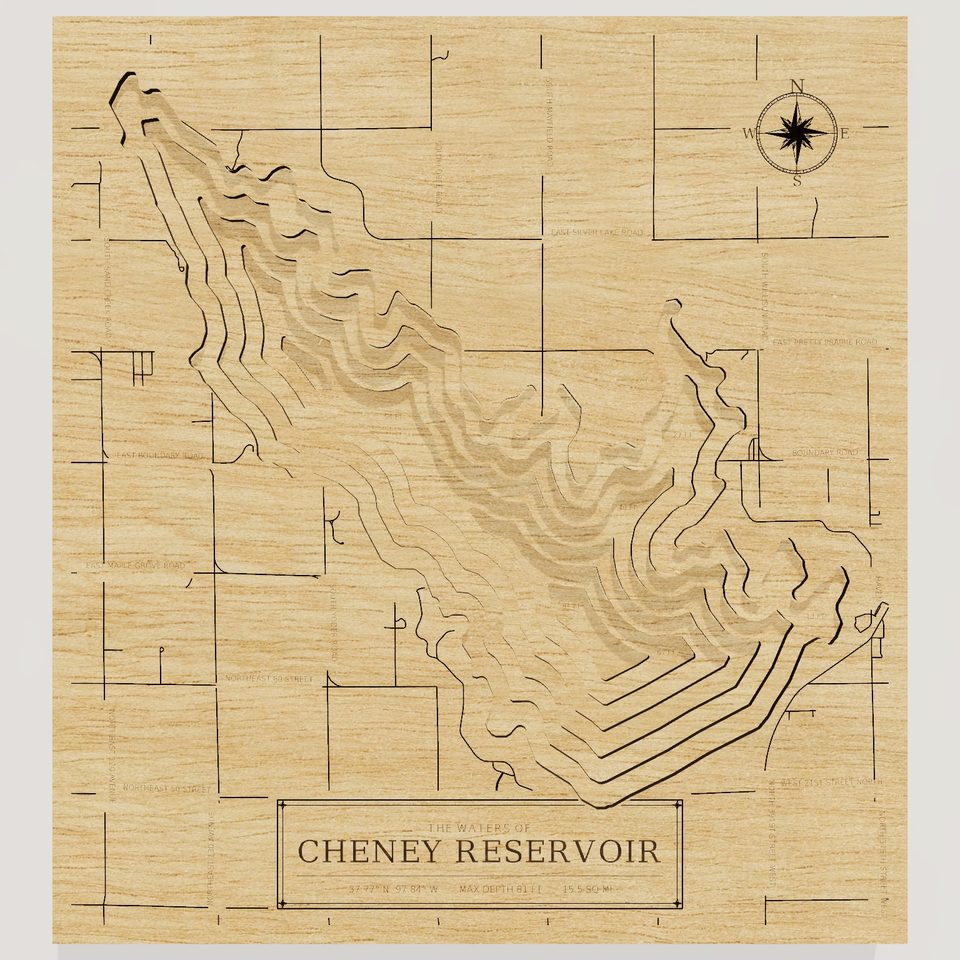 Cheney Reservoir 3D wood map, front view