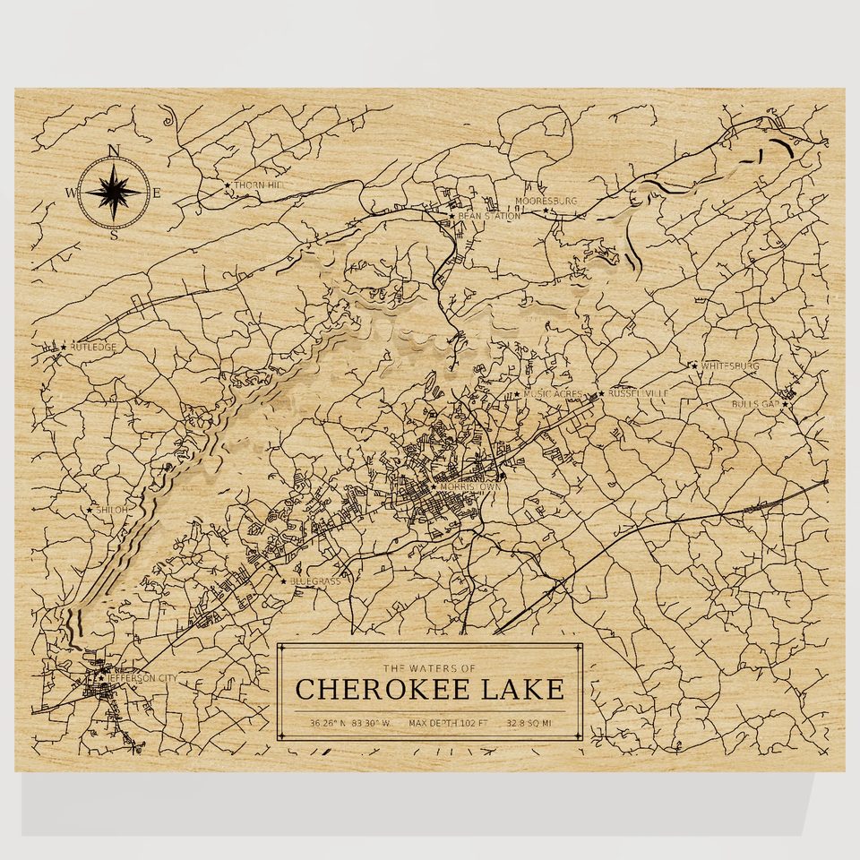 Cherokee Lake 3D wood map, front view
