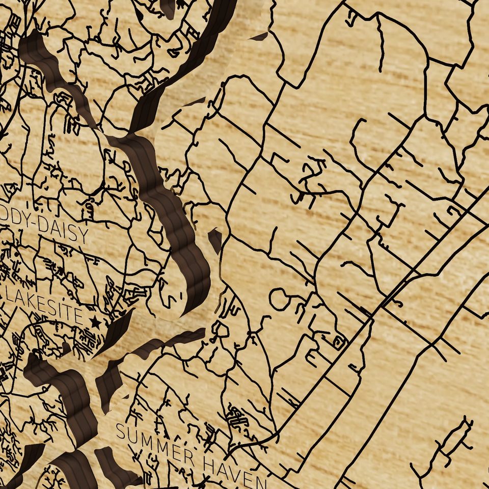 Chickamauga Lake 3D wood map, detail view
