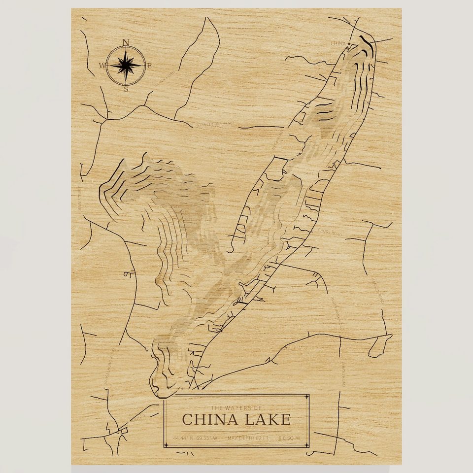 China Lake 3D wood map, front view