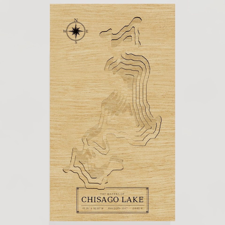 Chisago Lake 3D wood map, front view