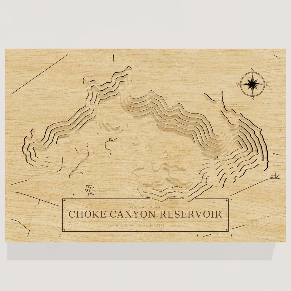 Choke Canyon Reservoir 3D wood map, front view