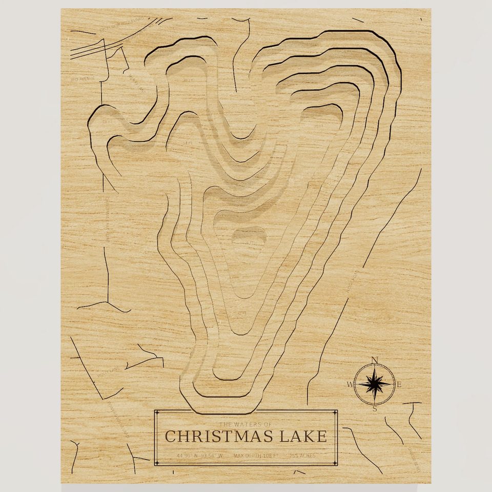 Christmas Lake 3D wood map, front view