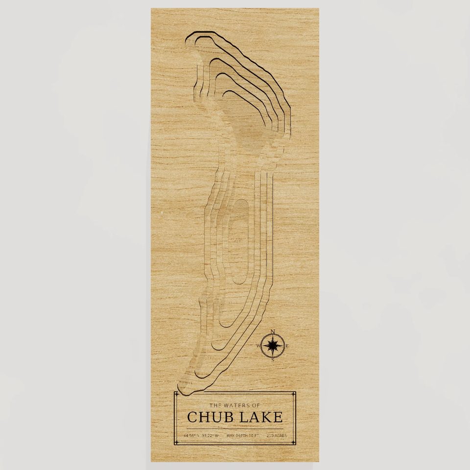 Chub Lake 3D wood map, front view