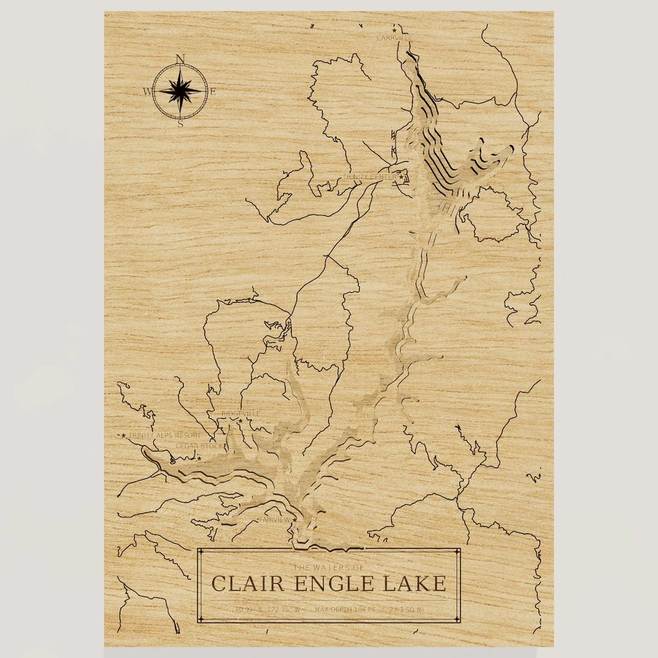 Clair Engle Lake 3D wood map, front view