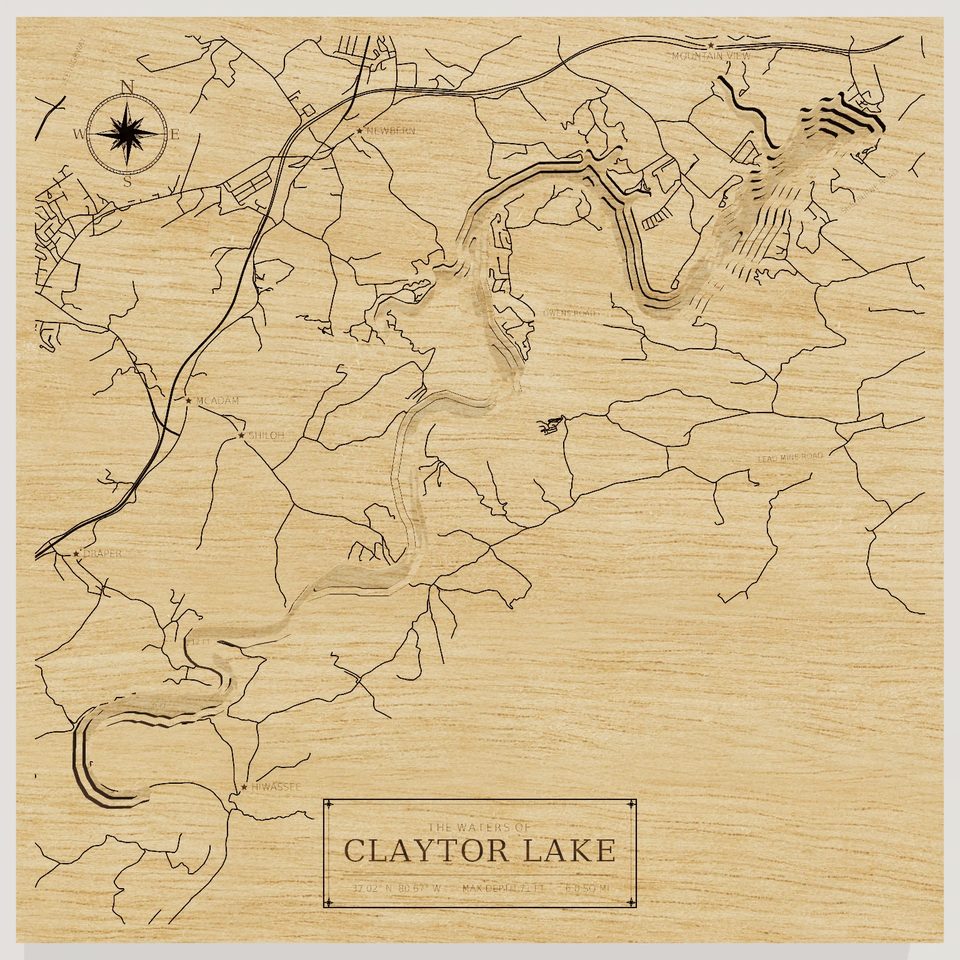 Claytor Lake 3D wood map, front view