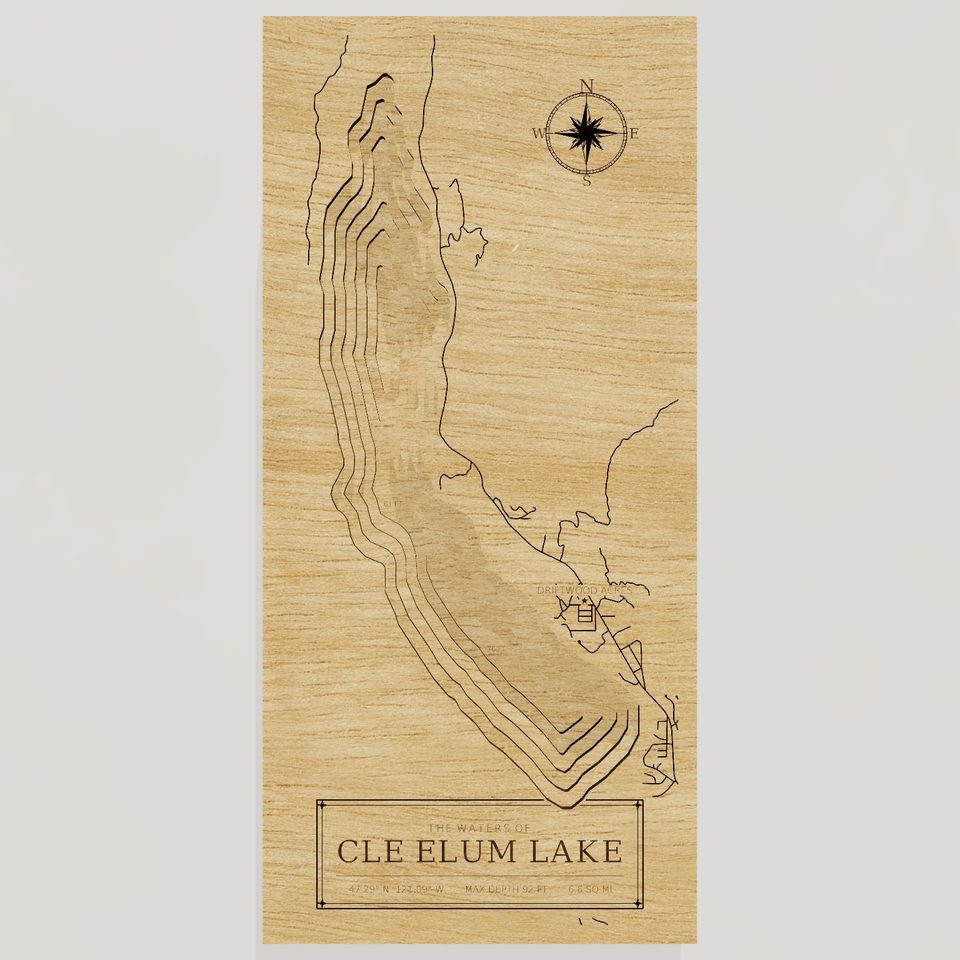 Cle Elum Lake 3D wood map, front view