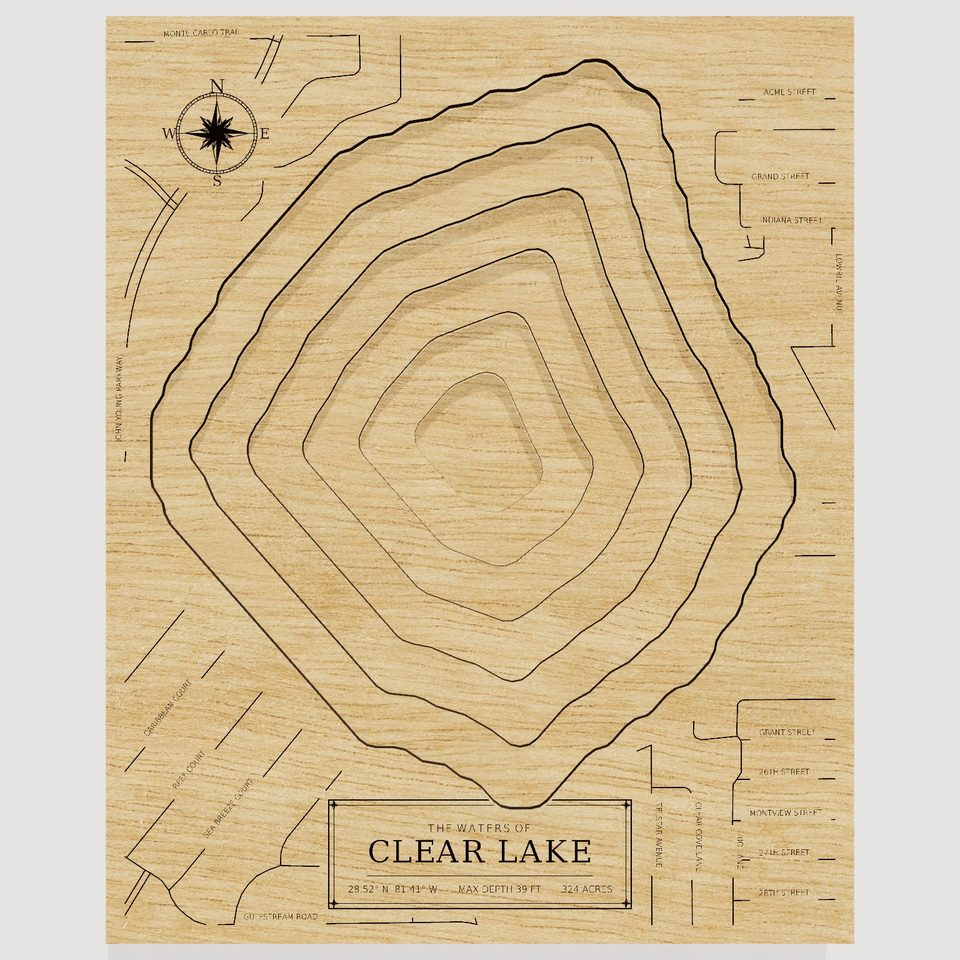 Clear Lake 3D wood map, front view