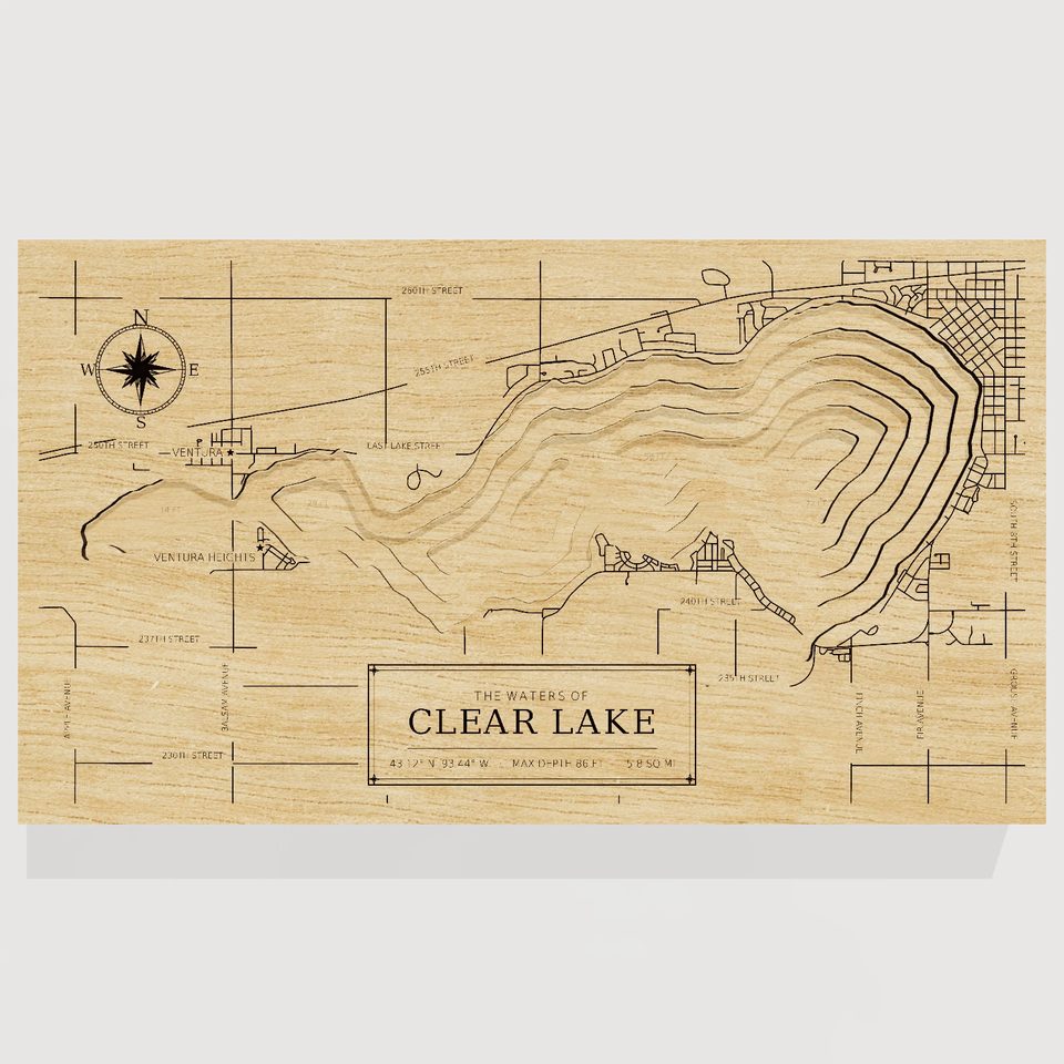 Clear Lake 3D wood map, front view