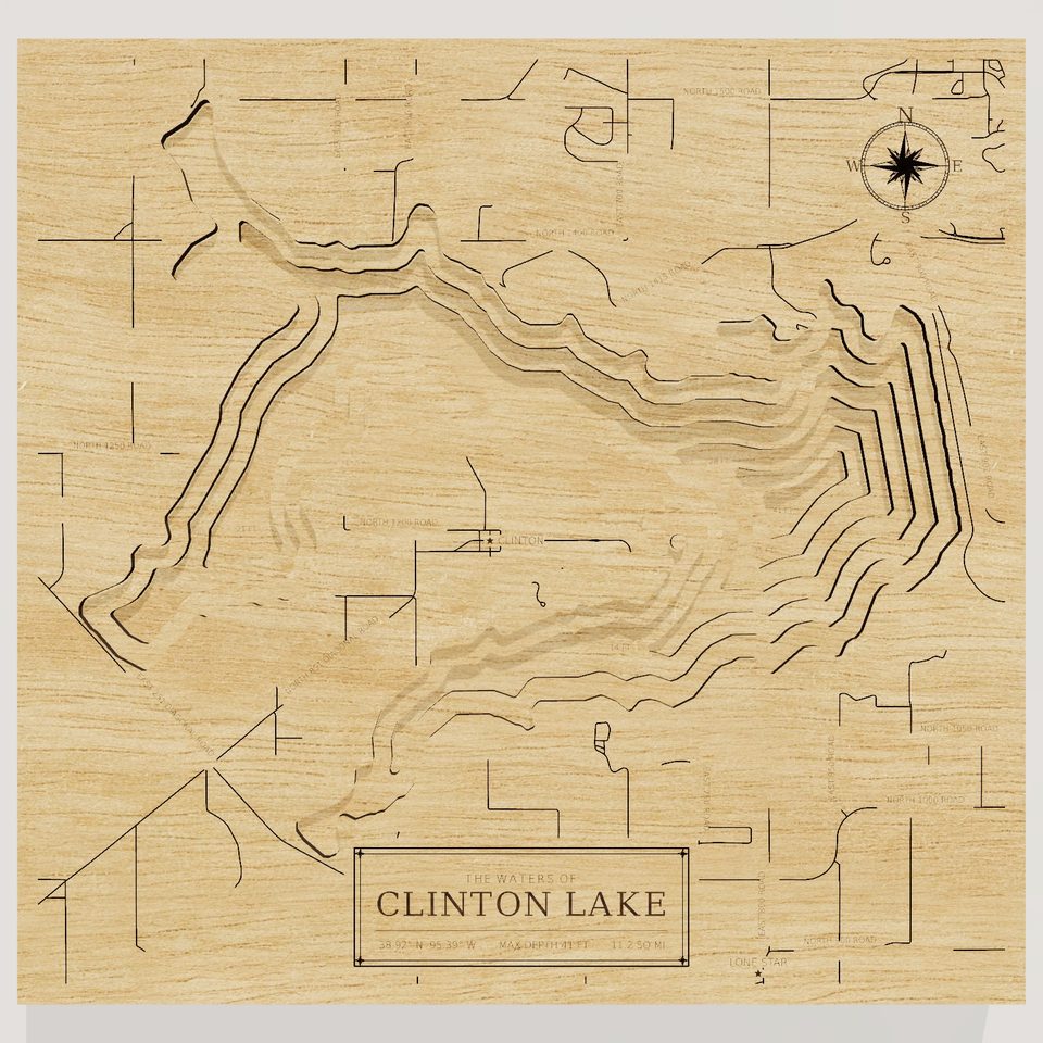 Clinton Lake 3D wood map, front view