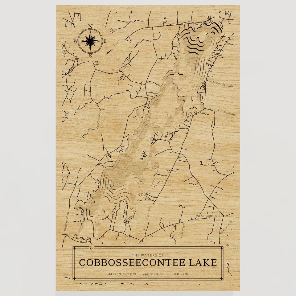 Cobbosseecontee Lake 3D wood map, front view