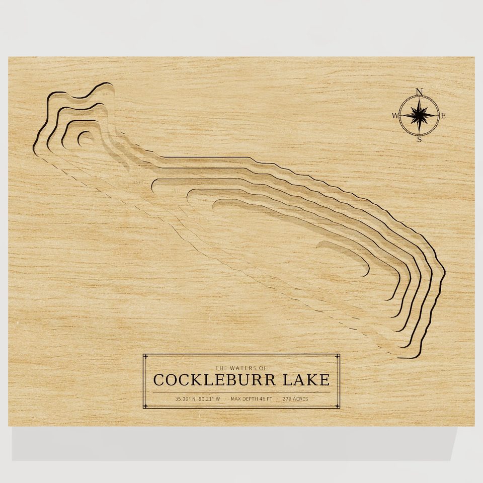 Cockleburr Lake 3D wood map, front view