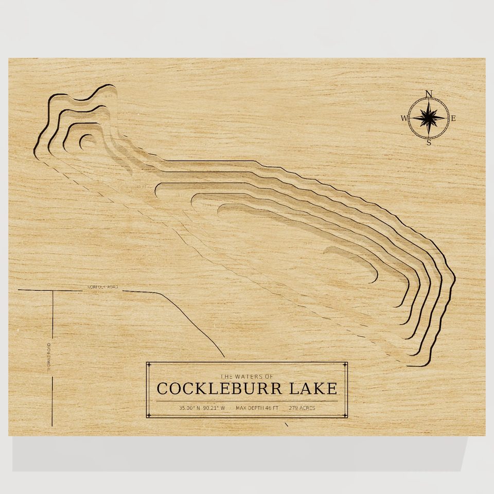 Cockleburr Lake 3D wood map, front view