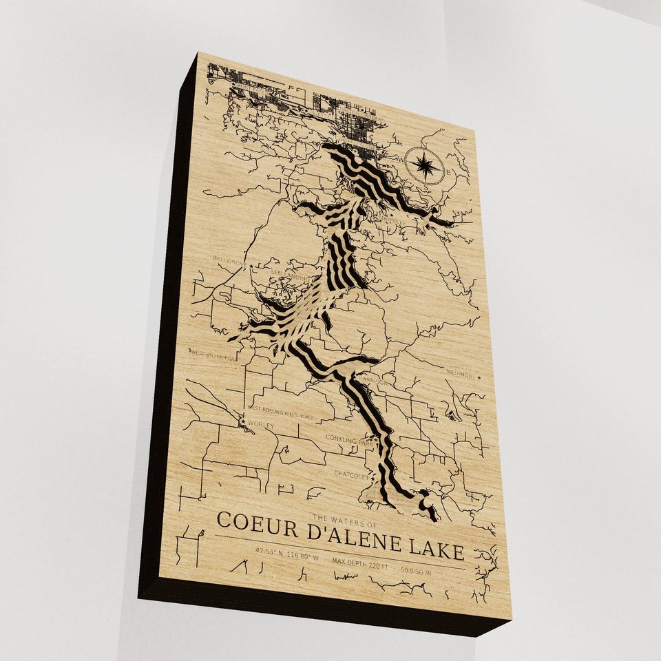 Coeur d'Alene Lake 3D wood map, angle low view