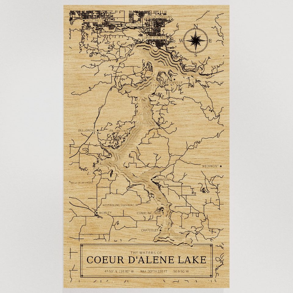 Coeur d'Alene Lake 3D wood map, front view