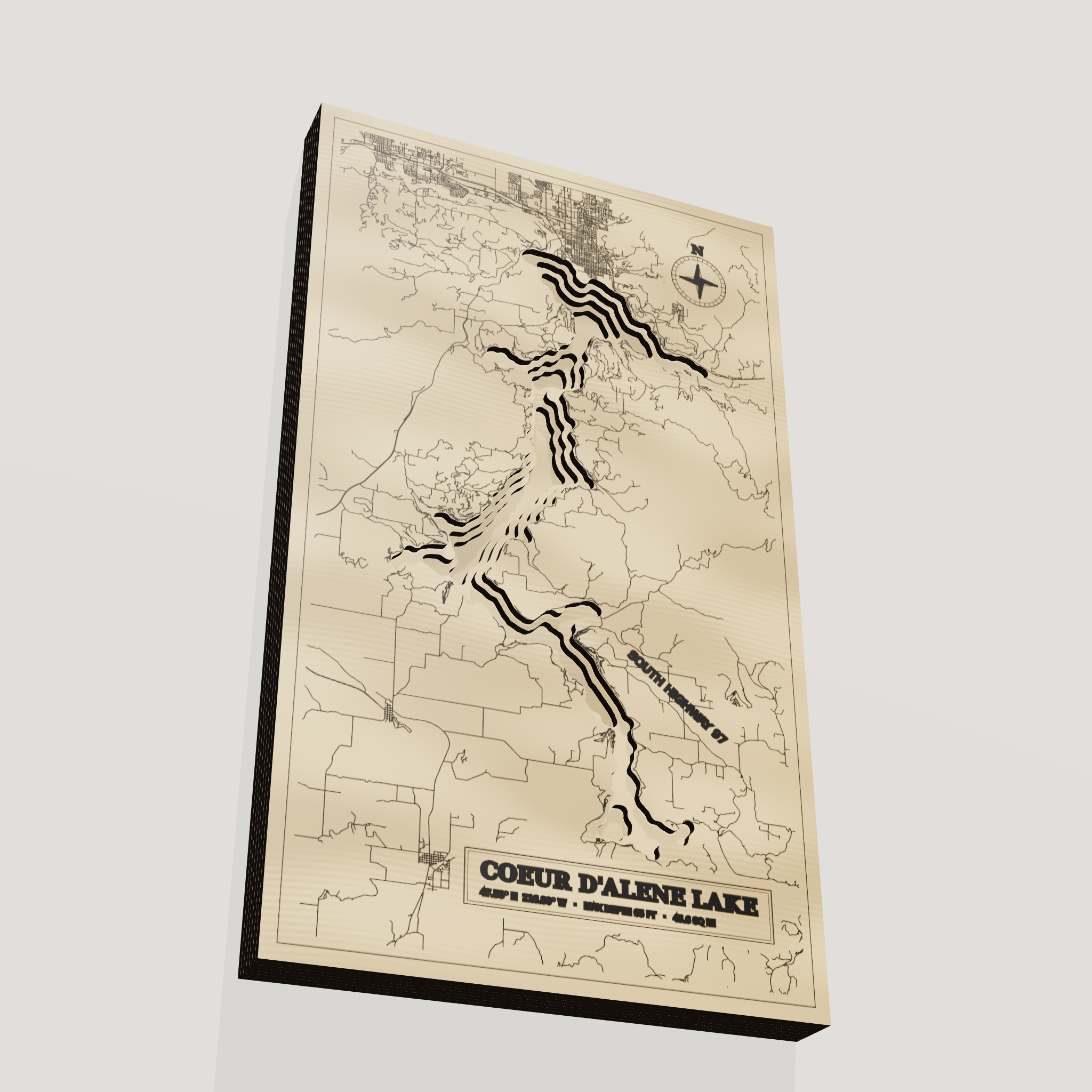 Coeur d'Alene Lake map, angle low view