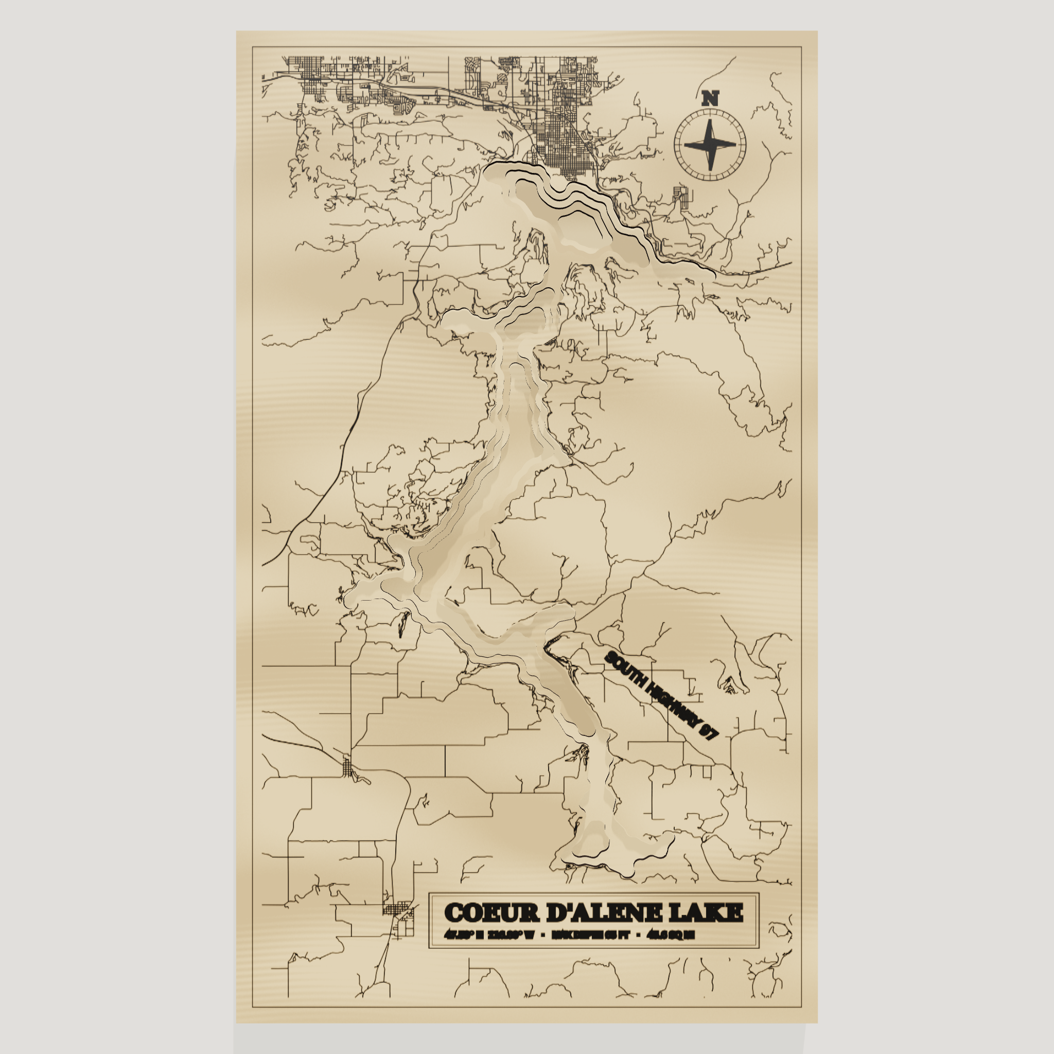 Coeur d'Alene Lake map, front view