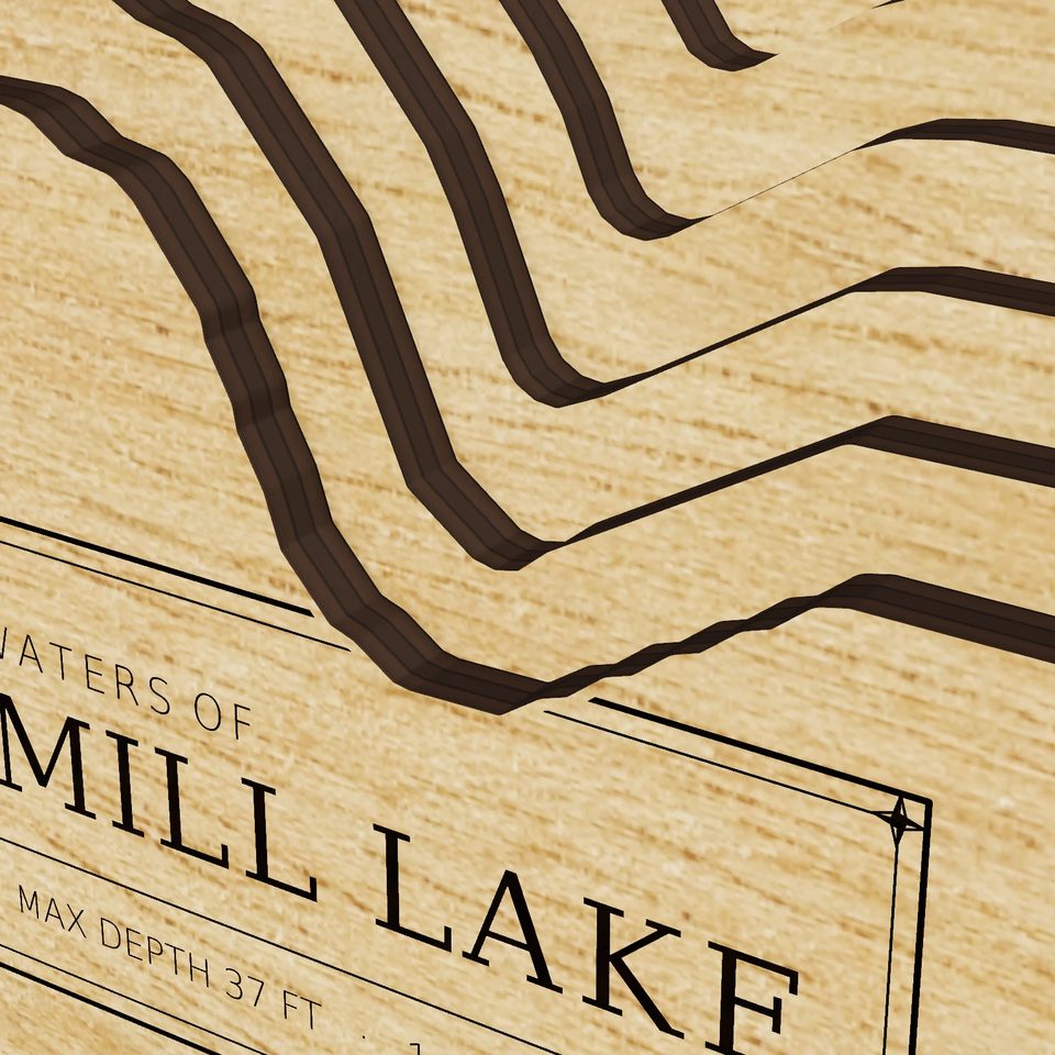 Coffee Mill Lake 3D wood map, detail view