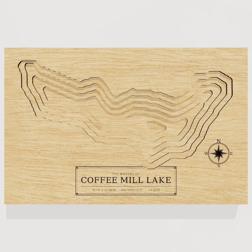 Coffee Mill Lake 3D wood map, front view
