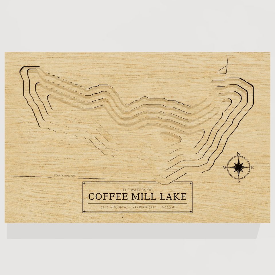Coffee Mill Lake 3D wood map, front view