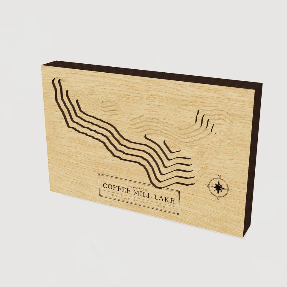 Coffee Mill Lake 3D wood map, hero view