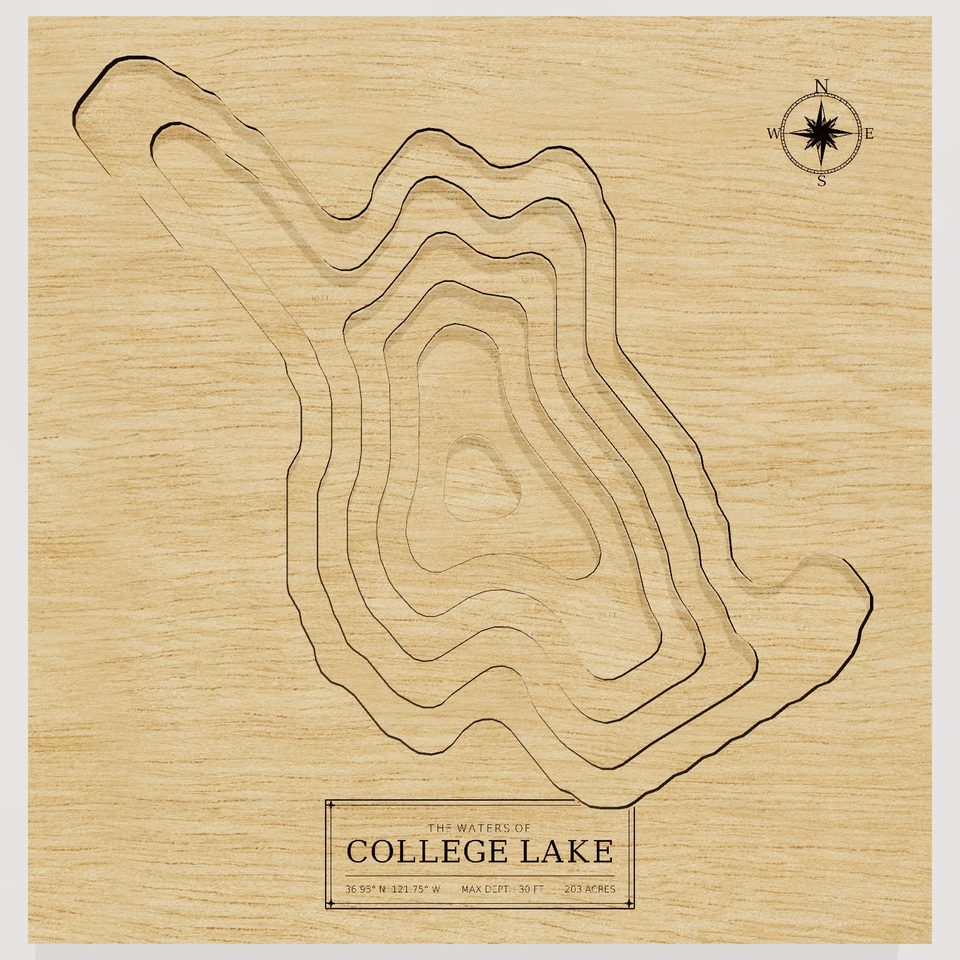 College Lake 3D wood map, front view