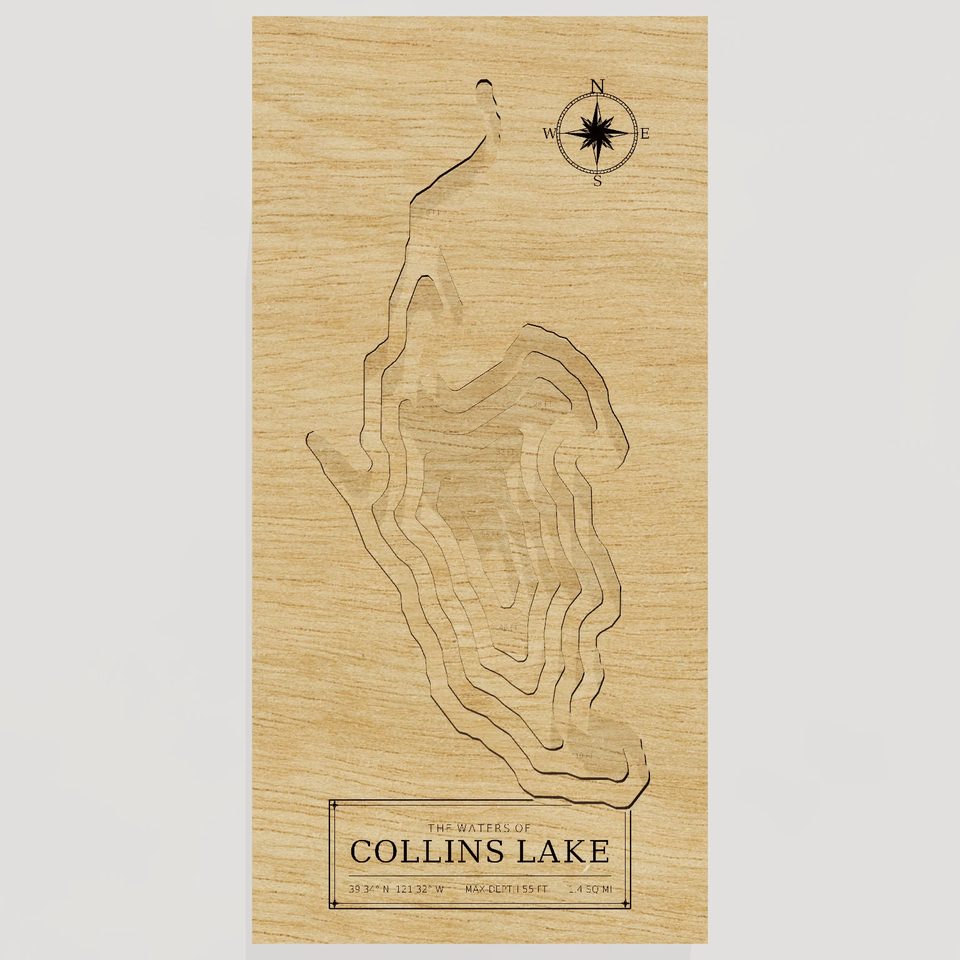 Collins Lake 3D wood map, front view