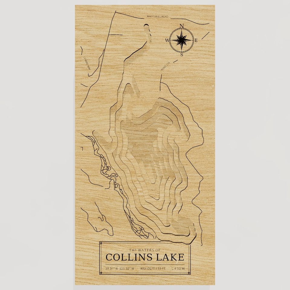 Collins Lake 3D wood map, front view