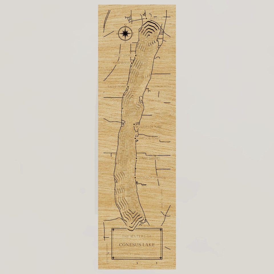Conesus Lake 3D wood map, front view