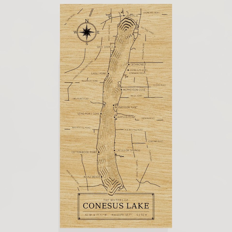 Conesus Lake 3D wood map, front view
