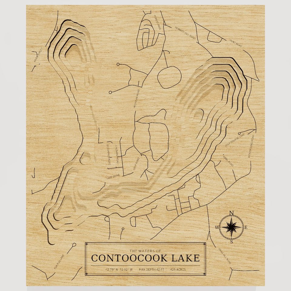 Contoocook Lake 3D wood map, front view