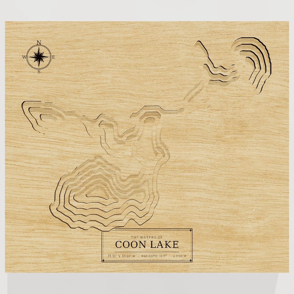 Coon Lake 3D wood map, front view