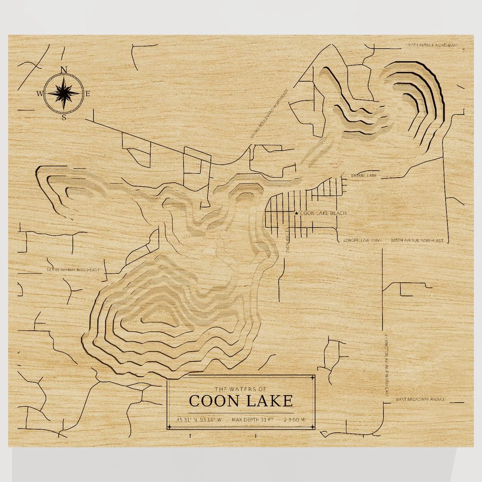 Coon Lake 3D wood map, front view