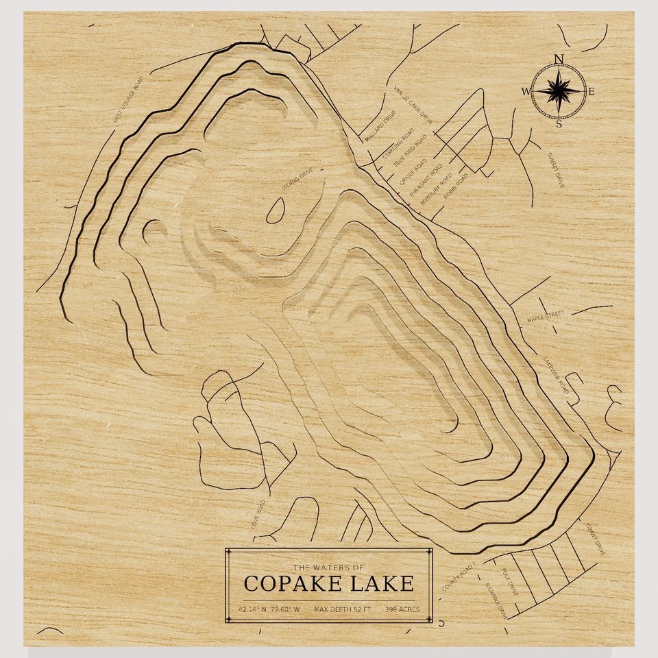 Copake Lake 3D wood map, front view