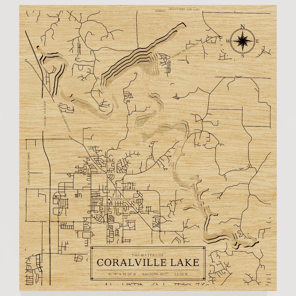 Coralville Lake 3D wood map, front view