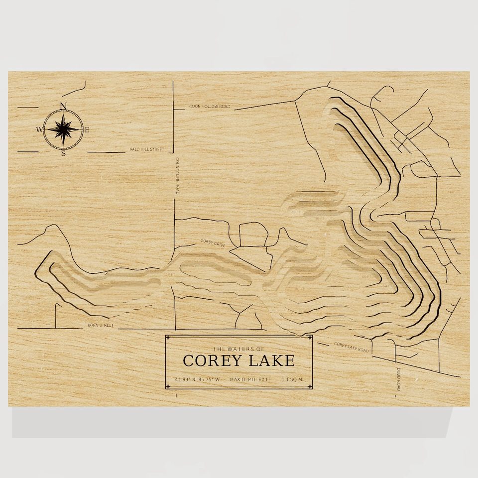 Corey Lake 3D wood map, front view