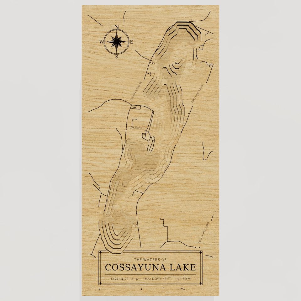 Cossayuna Lake 3D wood map, front view